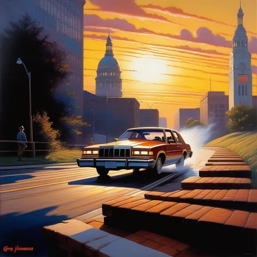 Prompt: 1980s, Cleveland, car chase, sunny weather, warm atmosphere, cartoony style, extremely detailed painting by Greg Rutkowski and by Henry Justice Ford and by Steve Henderson