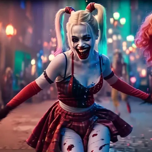 Prompt: Harley Quinn dancing and smiling in blood and the Joker, 64k, cinematic, realistic, vivid, UHD, Halloween Theme, soft grade, sharp
