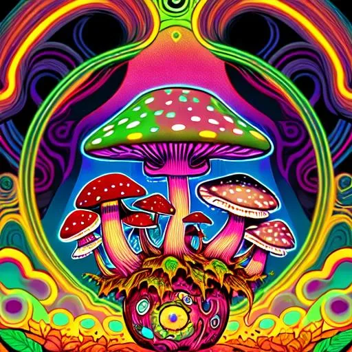 Hypnotic illustration of POT LEAVES AND MUSHROOMS, h...