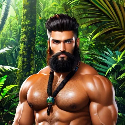 Prompt: A tall and muscular tan man wearing ancient primitive tribal fur robes. short black hair, long bushy beard, blue eyes. in a jungle rainforest, hunting.