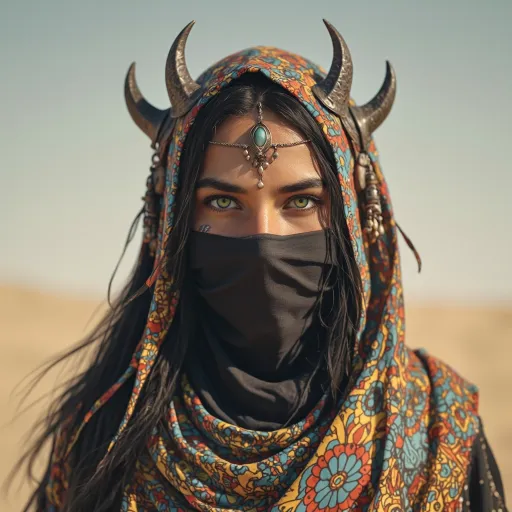 Prompt: A digital drawing.  A close up image of a striking figure emerges from a desert landscape, showcasing a blend of majestic features and intricate details. The character, adorned with a flowing, patterned scarf and colorful attire, stands against a muted backdrop of sandy hues, enhancing the warm atmosphere of the scene. Her vivid green eyes gleam with intensity, partially obscured by a dark veil over her lower face that adds an aura of mystery. Delicate jewelry and ornate embellishments adorn her head, her hood is adorned with dragon-like horns bound to a metal band that circles her head. The overall composition speaks to a narrative of strength and elegance, enveloping the viewer in an enchanting, otherworldly ambiance.  Cinematic lighting, painterly textures, subtle blush, vintage ambiance, soft shadows.