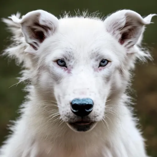 Prompt: Head-shot of a leucistic canine-like animal with a sharp snout and pointed ears.