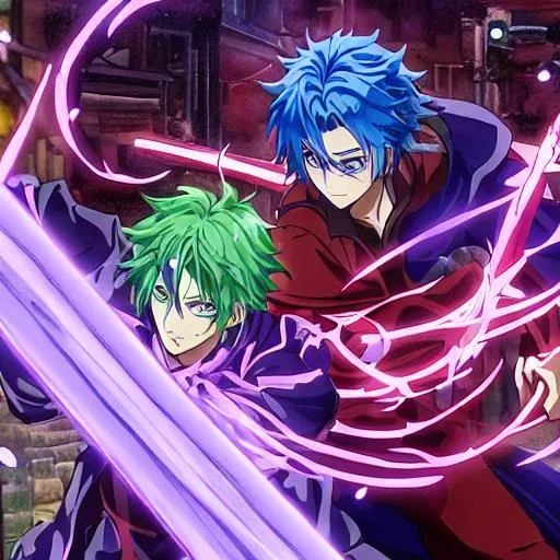 Prompt: Anime guy with blood sword, Cyan hair, singed purple cloak, and Green eyes, fighting the devil,  in a dark alley
