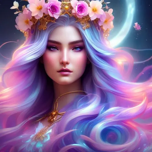 Prompt: morning glory flower cyborg princess with blonde flowing hair wearing a crown with multiple morning glory flowers around it, 8k resolution, A Masterpiece, Art station, Great Composition, Covered In Flowers, full body portrait, insanely detailed, outside, ambient lighting, hyper realistic, beautiful symmetrical face, fantasy, regal, nebula background