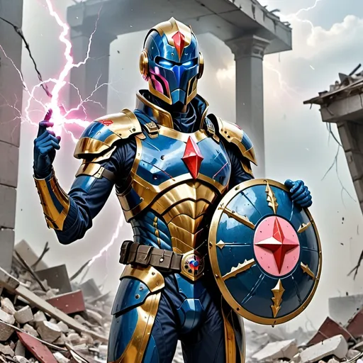 Prompt: a slender man wearing blue gold and coral pink armor, cobra commander helmet, a shield on one arm and lightning in the other hand, standing in rubble