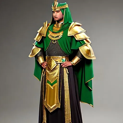 Prompt: green and gold ancient egyptian/medieval arabian scale/chainmail male armor with long green and gold robes with small gold embroidery and with a gold and green sash going over the right shoulder, on a armor stand.