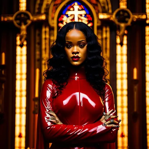 Prompt: Sensual Rihanna, wearing a red latex haute couture dress, in front of a crucifiction sculture, at the chapel, hyperrealistic, highly detailed, ambient light, provocative, close-up portrait.