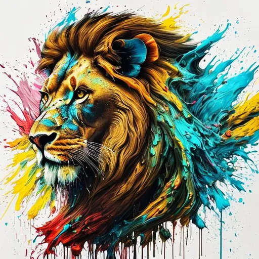 Prompt: : Splash art, lion ((white background)), roaring, epic Instagram, artstation, splash style of colorful paint, contour, hyperdetailed intricately detailed, unreal engine, fantastical, intricate detail, splash screen, bright mixture of colors, fantasy concept art, 8k resolution, DeviantArt masterpiece, oil painting, heavy strokes, paint dripping, paint splattered all around the lion, splash painting, splash arts, design for t-shirt