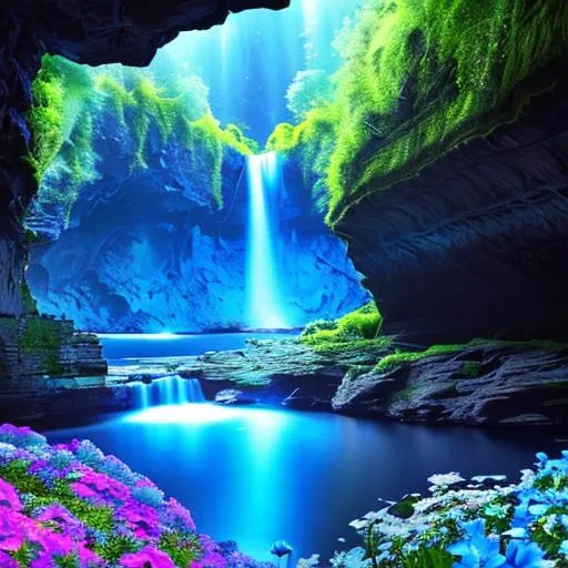 Prompt: professional photograph of {waterfall, cave, ambient, background, glow, echo flowers, blue , river, black, dark, fantasy, castle, blue glow, blue glow flowers, glowing cellinglong shot scenic }, perfect viewpoint, highly detailed, wide-angle lens, hyper realistic, with dramatic sky, polarizing filter, natural lighting, vivid colors, everything in sharp focus, HDR, UHD, 64K