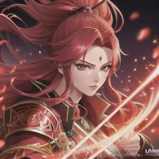 Prompt: Red-haired beautiful samurai with a katana emanating a red aura, fantasy, highly detailed red sparkling glowing eyes, intricate, wearing martial artist related clothing, highly-detailed, large landscape, mechanics, dramatic lighting, gorgeous face, lifelike, stunning, anime woman face, long luxurious  red hair, digital painting, large, artstation, illustration, concept art, smooth, sharp focus, highly detailed painting, looking at viewer, portrait, photography, detailed skin, realistic, photo-realistic, 8k, highly detailed, full length frame, High detail, full body art