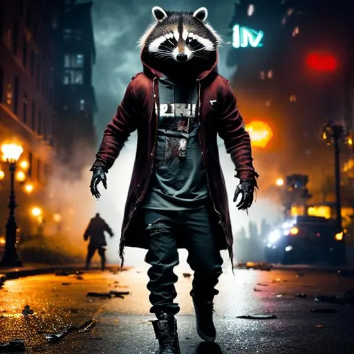 Prompt: A full body photo of a wounded anthropomorphic raccoon man dressed in a torn apart hoodie walking out of a fight,bloody,intense atmosphere,city park background,night,natural lighting,extremely realistic,extremely detailed.