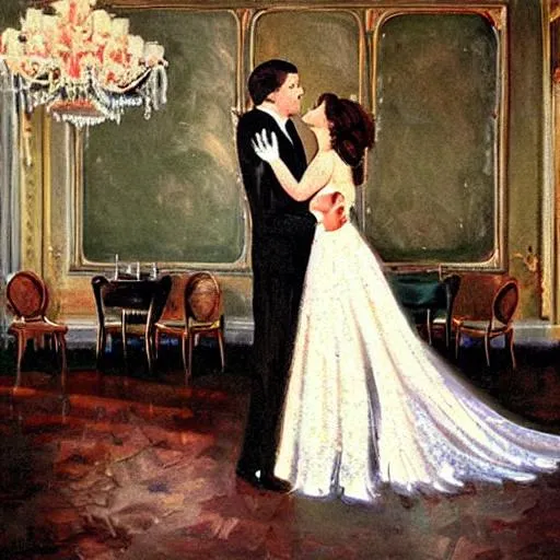 Prompt: An elegant oil painting of a woman in a white lace gown kissing a young, tall man in a suit in the corner of a large ballroom in Europe in the 1960s, complete with large chandeliers, tall windows, and warm colors.