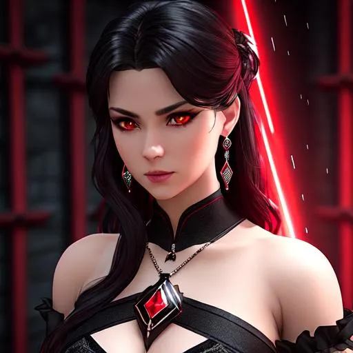 Prompt: Assassin girl with a dark serious gaze, ((dragon tattoo)), ((wearing black lingerie)), ((black and red wavy hair)), ((red eyes)), ((sapphire earrings)), ((necklace)), glowing, trails of light, slight sparkles, Medieval theme, unreal engine 8k octane, 3d lightning, stellar, quartz, gem rain, soft white skin, luminous chest, fantasy, 
