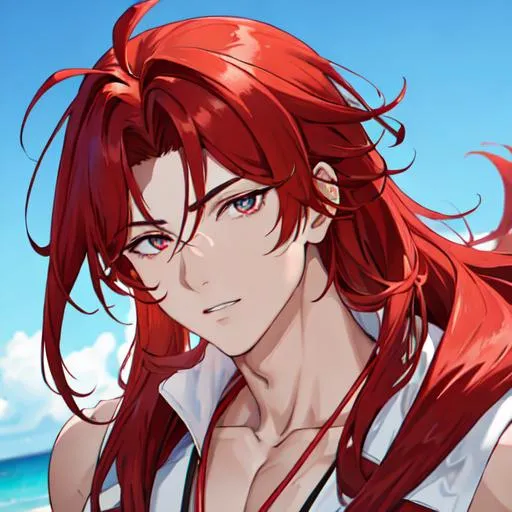 Prompt: Zerif 1male (Red side-swept hair covering his right eye) at the beach, 8k, UHD, highly detailed, insane detail, masculine