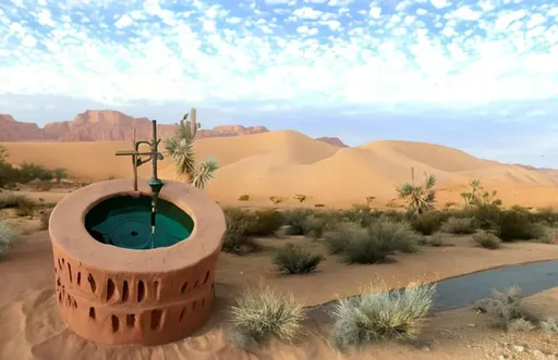 Prompt: A water well in the heart of the desert