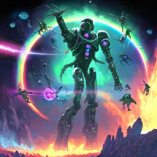 Prompt: a realistic giant cyber robot with a giant rainbow sword fighting a rainbow dragon in outer space in a ring of asteroids with a small alien  in a n UFO blasting muisic