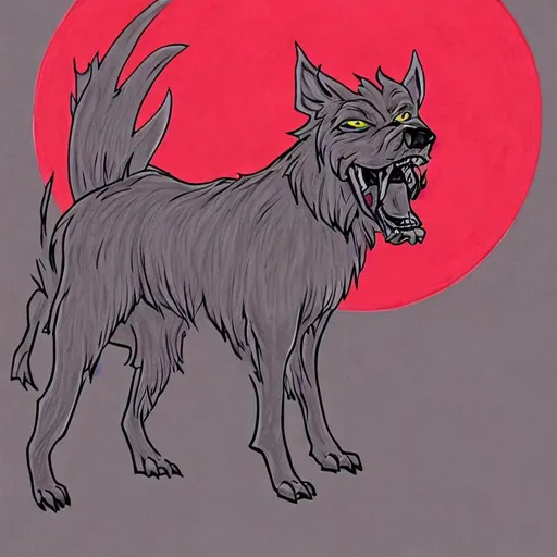 Prompt: cartoonist style hellhound with glowing eyes in a red mist
