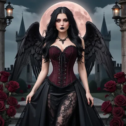 Prompt: A tall dark angel woman, with long black hair, brown eyes, black long wings, dressed with a black & bordeaux laces corset. She is adorned in an elegant black long gown with intricate lace details and stunning bordeaux roses. The background is a landscape with a goth castle, with big wolves, fullmoon, and black skulls on the ground. Ai real photo, 4k, poster.