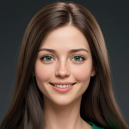 Prompt: hyper-realistic women around 25 years old. She has long dark brown straight hair. She has peachy skin and a round heart shaped face. She has a very sweet and innocent look about her and always has a smile on her face. She has emerald green eyes. She has one light mole to the left of her lip