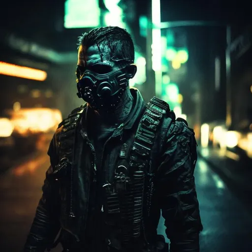 Prompt: Villain. Black and neon colour military body armour. Slow exposure. Detailed. mouth mask. Dirty. Dark and gritty. Post-apocalyptic Neo Tokyo. Futuristic. Shadows. Sinister. Armed. Brutal. Intimidating. Evil. Bionic enhancements. Fanatic. Intense. Heavy rain.