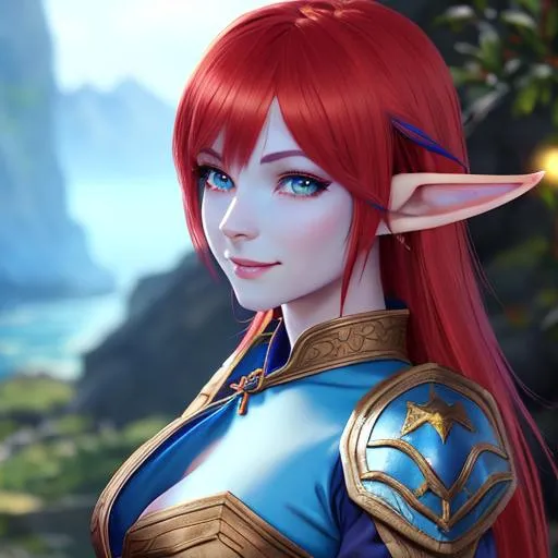 Prompt: oil painting, D&D fantasy, Blue-skinned-elf girl, Blue-skinned-female, slender, elf ears, beautiful, short bright red hair, bangs hair, smiling, pointed ears, looking at the viewer, Ranger wearing intricate adventurer outfit, #3238, UHD, hd , 8k eyes, detailed face, big anime dreamy eyes, 8k eyes, intricate details, insanely detailed, masterpiece, cinematic lighting, 8k, complementary colors, golden ratio, octane render, volumetric lighting, unreal 5, artwork, concept art, cover, top model, light on hair colorful glamourous hyperdetailed medieval city background, intricate hyperdetailed breathtaking colorful glamorous scenic view landscape, ultra-fine details, hyper-focused, deep colors, dramatic lighting, ambient lighting god rays, flowers, garden | by sakimi chan, artgerm, wlop, pixiv, tumblr, instagram, deviantart