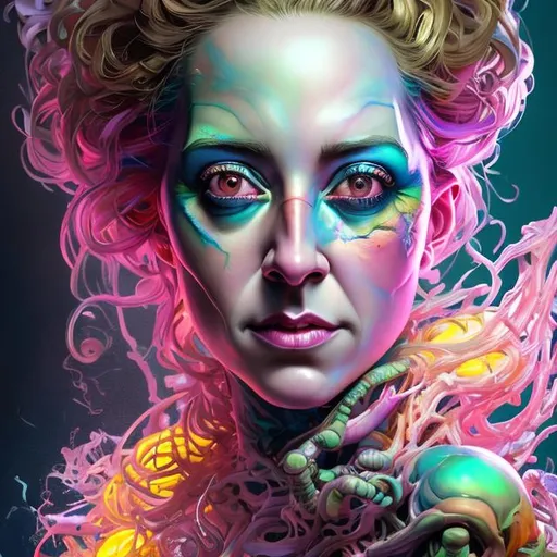 Prompt: "hyperdetailed portrait of kristen schaal as delirium of the endless, colourful make up, the sandman, made by caravaggio stanley artgerm lau wlop rossdraws artstation cgsociety concept art cgsociety octane render"