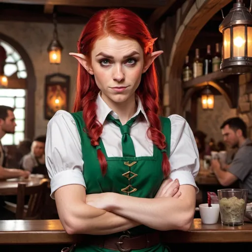 Prompt: Dungeons and dragons grumpy elf waitress with red hair