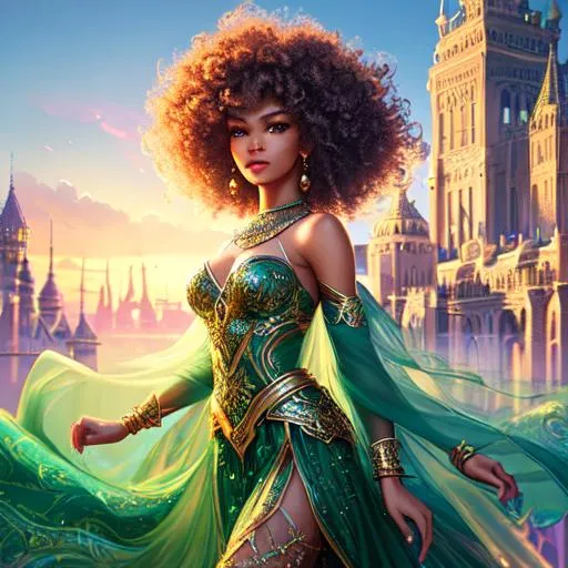 Prompt: Zendaya, full body pose, Hyper realistic face, casting magic spells,  battlefield ethereal green lace royal wizard suit with skirt, with fancy mask, floating city in background, jewelry set, wild curly hair, floating city in background, royal vibe, highly detailed, digital painting, HD quality, brown skin, artgerm, by Ilya Kuvshinov 