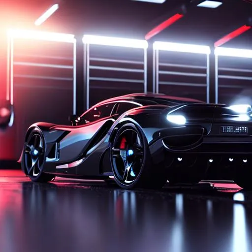 Prompt: black sport car in car service, robotic atmosphere, digital art, 32k, unreal engine 5, octane render