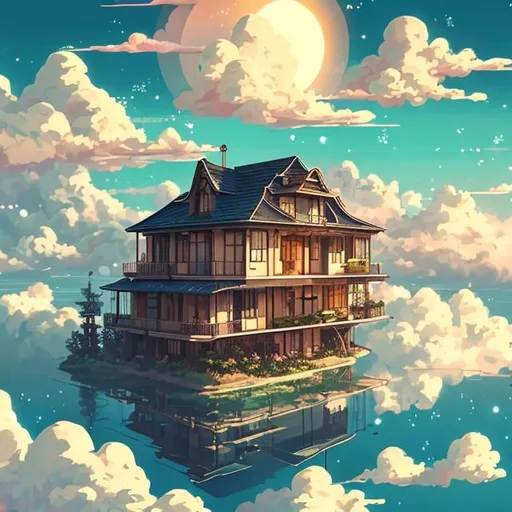 Prompt: A aesthetic vintage  house floating above some clouds in the sunny sky anime style fantasy  