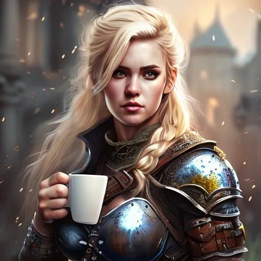 Prompt: Battle, Female warrior, Busty, blonde, Drinking coffee, rpg, medieval,  photorealistic, art, art station, high detailed, full body view 