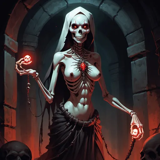 Prompt: Full body, Fantasy illustration of a female loa, evil voodoo spirit, red glowing eyes, beautiful, skeletal jaws, holding a white snake, dark and eerie lighting, horror, high quality, rpg-fantasy, spider invested catacombs, painting, art