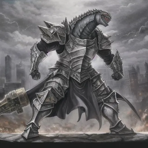 Prompt: silver skinned godzilla with plate armour covered in golden runes holding a giant hammer