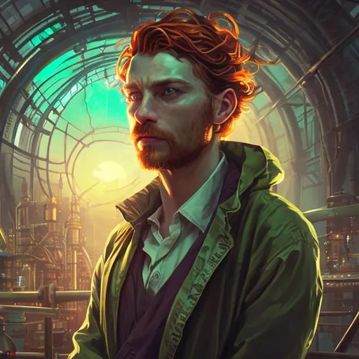 Prompt: attractive scientist guy auburn hair hazel eyes serious dark atmosphere solarpunk portrait realistic details greenhouse