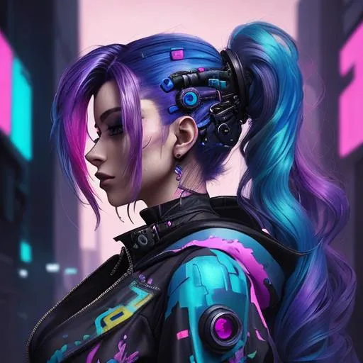 Prompt: A beautiful, mysterious and colourful cyberpunk themed woman with magical hair in a painted dreamy style profile picture