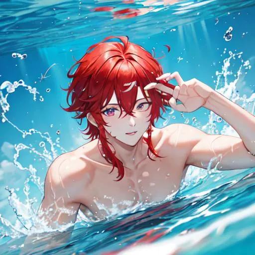 Prompt: Zerif 1male (Red side-swept hair covering his right eye) 8K, UHD, best quality, swimming in the water