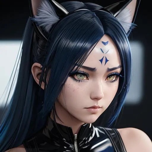 Prompt: An anime girl, (lynx ears ),blue leotard latex outfit,long ({dark blue} hair)(midnight blue hair)(fringeless), (dark blue hair with forehead showing), (moon forehead tattoo),(forehead showing), feeling apathy, concept art, high resolution scan, hd octane render, intricate detailed, highly detailed face, unreal engine, trending on artstation, UHD, 8k, Very detailed, (standing on top of a high building), sad, loneliness, full body pose, she has long ({dark blue} hair)(midnight blue hair)(fringeless), pale skin, ([grey eyes] with cat-like iris), (lynx ears )that are (grey), and blue latex leotard outfit, intricate facial detail, intricate eye detail, intricate details,  hyperrealistic full body pose, hyperrealistic ethereal, dark blue and long hair, white lynx ears, sharp jaw, hyperrealistic golden cat eyes , hyperrealistic human nose, hyperrealistic lips, ethereal, divine, hyperrealistic face, hyperrealistic pale skin, intricate eye detail, pale skin, (dark blue latex outfit), fringeless, (forehead showing), highly detailed concept art,  , hd octane, intricate quality, HD, trending on artstation, fringeless, forehead showing ,highly detailed concept art, high resolution scan, hd octane render, intricate detailed, highly detailed face, unreal engine, trending on artstation, UHD, 8k, Very detailed