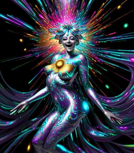 Prompt: Exuberant, Happy, upbeat psychedelic cinematic, Nebula, 3D, HD, {Beautiful Goddess}liquid silver, expansive metallic background, supernova, freeform colorful ink chaos, hyper realistic, 8K --s98500