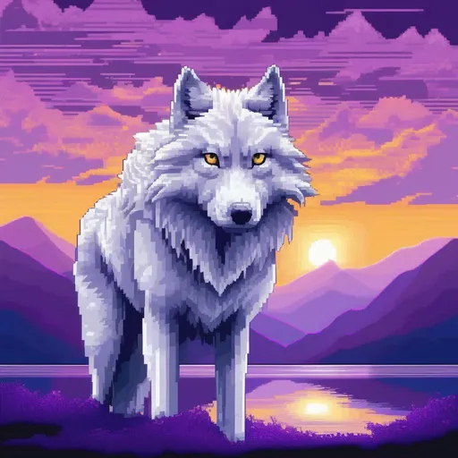 Prompt: (pixel art), 32-bit, beautiful {white wolf}, with {silver eyes}, looking at viewer, glaring through fourth wall, layers of purple mountain silhouettes, magical fantasy crystal lake, twilight, highly detailed, beautifully detailed shading, complementary colors, golden ratio