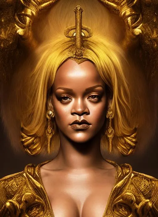 Prompt: Portrait of Rihanna as God with gold hair, full body, busty, with cute face, near heaven, perfect composition, hyperrealistic, super detailed, 8k, high quality, trending art, trending on artstation, sharp focus, studio photo, symmetrical, intricate details, highly detailed, by greg rutkowski