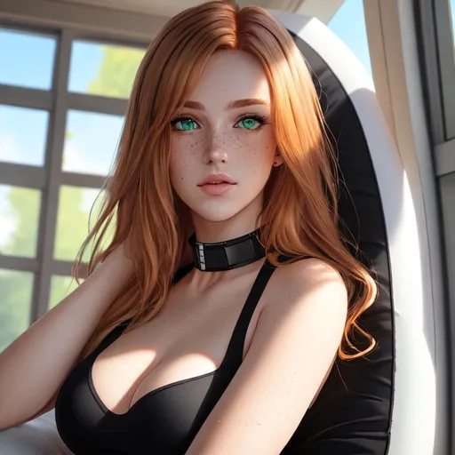 Prompt: portrait, 21 years old, light redhead with blonde highlights, Heterochromia light green eye, freckles, black transparent sleeveless top with solid color stand-up collar, lying on a beanbag chair, sunlight through the window, highly detailed, detailed and high quality background, oil painting, digital painting, Trending on artstation , UHD, 128K,  quality, Big Eyes, artgerm, highest quality stylized character concept masterpiece, award winning digital 3d, hyper-realistic, intricate, 128K, UHD, HDR, image of a gorgeous, beautiful, dirty, highly detailed face, hyper-realistic facial features, cinematic 3D volumetric, illustration by Marc Simonetti