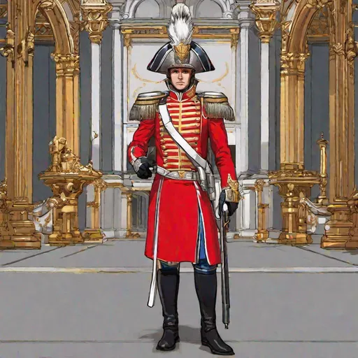 Prompt: Front view, whole figure. full body. A scifi english royal guard in bright red scifi uniform. he wears a napoleonic Bicorne. silver and gold details. He is stands on guard. In background a scifi royal palace. Rpg art. Rpg. 2d art 2d. Well draw face. Detailed. 