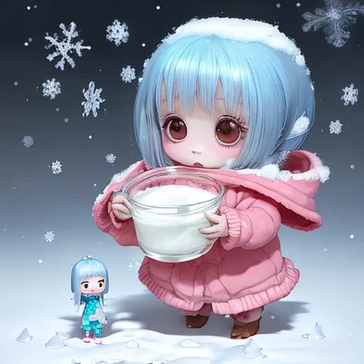 Prompt: Girl enjoying Milk and Cookies HD 3D Cinema 4D 8k Render :: (( a cute chibi girl with huge adorable eyes standing in the snow eating a cookie )) :: Hsiao Ron Cheng + Mark Ryden :: storybook illustration :: chibi portrait :: cute :: chibi :: 3D :: 8K :: UHD :: 64 megapixels