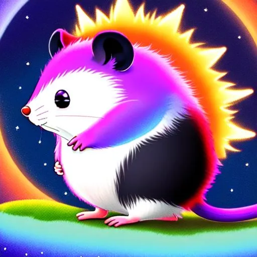 Prompt: side view, wide view, 7 "colorful, proud, fat,  "hairy baby rat", with a halo", (wearing a helmet) glowing, realistic, spiked hair, fluffy, silky, furry, backlit, warm tones, night-sky, moss, indigo, cream, coral, bone-white, photorealistic eyes, : ornate, dynamic, particulate, intricate, elegant, highly detailed, centered, artstation, airbrush, acrylic on paper, volumetric lighting, occlusion, smooth, sharp focus, 128K UHD octane render, w more d etail.