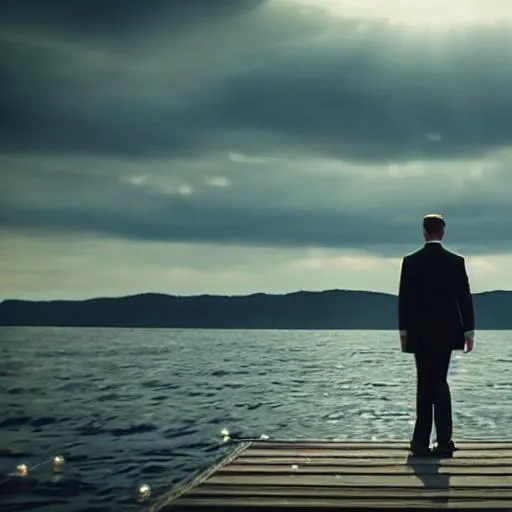 Prompt: ((Cinematic high quality)) ((portrait masterpiece photo)) Gatsby standing on dock reaching out, green light on the horizon