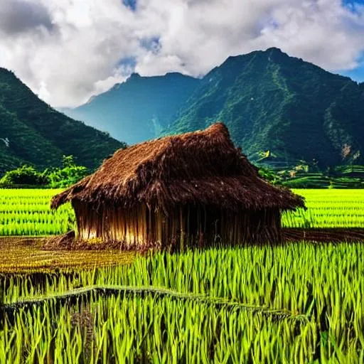 Prompt: A paddy field, small hut, mountain, blue sky, bird and sun shine.