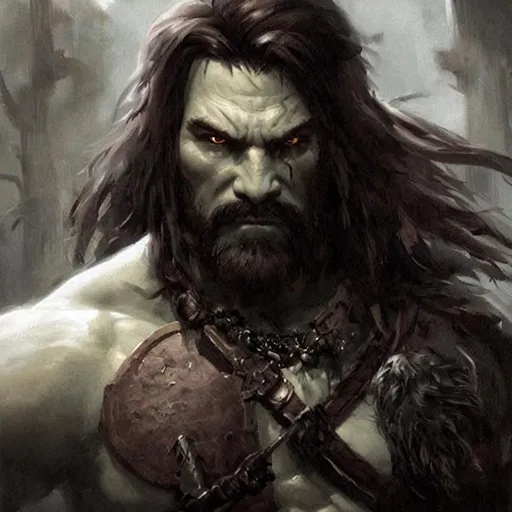 Prompt: Portrait painting of a barbarian half-orc. With grey-green skin tone and elf ears. by Greg Rutkowski and Craig Mullins, Dark atmospheric and cinematic lighting