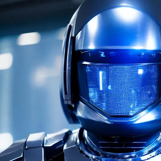 Prompt: Image of a blue robot space soldier, in space armor, face, facing towards you, highly detailed, 8k