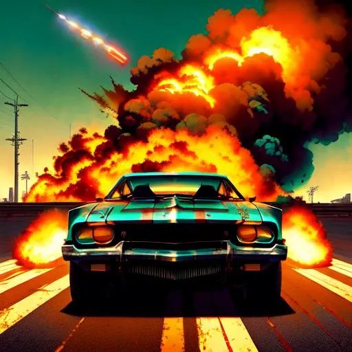 Prompt: Burnout Paradise, movie poster, rusty industrial setting, car crashing, explosions, turquoise sky, sepia tone, warm colors, japanese text with movie name, extremely detailed painting by Greg Rutkowski