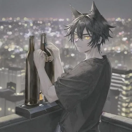 Prompt: A Bipedal Black Cat With Yellow Eyes Waring A Black Hoody And Blue Jeans Siting On The Edge Of A City Rooftop With A Beer Bottle Next To Him Is A Bipedal Calico Cat Waring A White Shortsleeve Shirt And Blue Jeans With A Beer Bottle In His Hand And Next To Them Is A Bipedal Siamese Cat With A Long Sleeve Dress Shirt With A Black Tie And Black Dress Pants With A Beer Bottle In His Hand